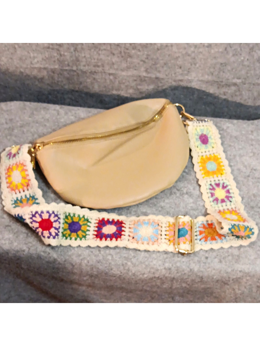 Moda Luxe Beige Crescent Belt Bag Chevron Crochet Strap, Gold Zip, Small